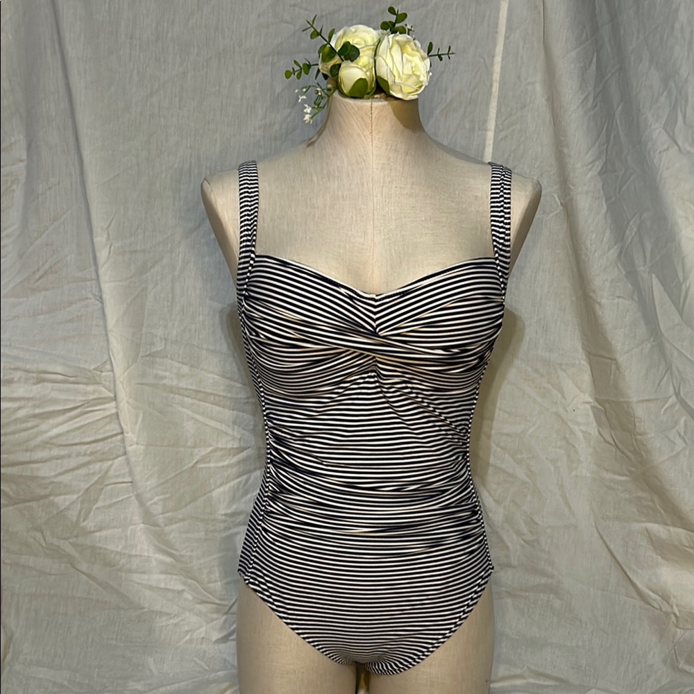 Elegant White and Blue One Piece Swimsuit with Sweetheart Neckline